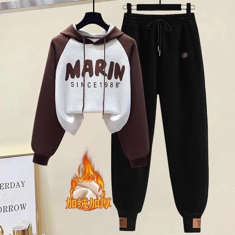 Fleece-lined Thickened Casual Set Women Autumn and Winter New Loose Hoodie Sweatpants Sweatshirt Student Two-piece S